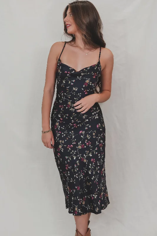 Midi dresses with off - the - shoulder necklines for a flirty look In Your Wildest Dream Navy Floral Satin Midi Dress Midi dresses with off - the - shoulder necklines for a flirty look In Your Wildest Dream Navy Floral Satin Midi Dress