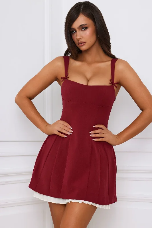 Mini dresses with wrap - around styles Bow-Detail Pleated A-Line Mini Dress in Berry Red Mini dresses with wrap - around styles Bow-Detail Pleated A-Line Mini Dress in Berry Red