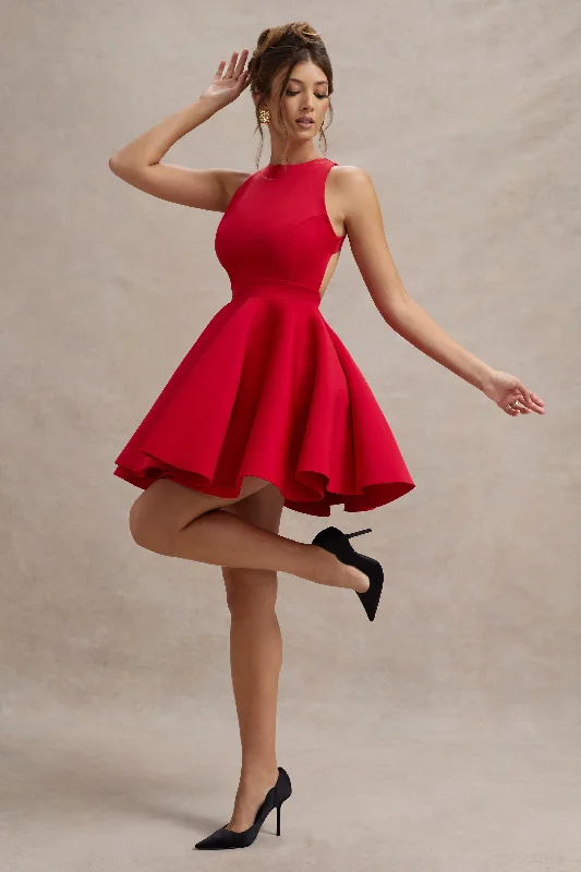 Mini dresses with button - down fronts Waverly | Red Racer-Neck Sleeveless Skater Mini Dress