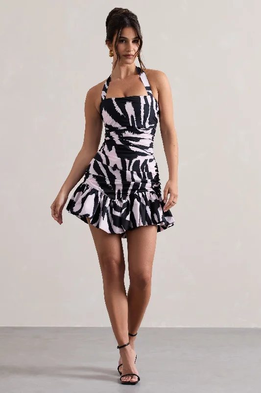 Mini dresses with pom - pom trims for a playful feel Zahra | Zebra Print Halter-Neck Ruched Mini Dress With Ruffle Hem Mini dresses with pom - pom trims for a playful feel Zahra | Zebra Print Halter-Neck Ruched Mini Dress With Ruffle Hem