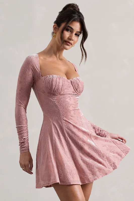 Sheer mini dresses with lace inserts Evangelina | Pink Long-Sleeve Skater Mini Dress