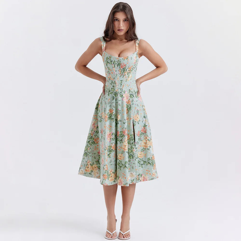 Midi dresses with lace - up fronts for a unique and adjustable style Cottagecore Floral Corset Midi Dress Midi dresses with lace - up fronts for a unique and adjustable style Cottagecore Floral Corset Midi Dress