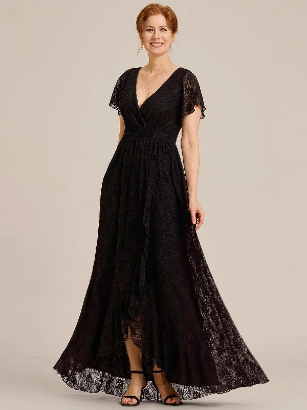 Midi dresses with embroidered accents for a unique and detailed design ever ELISE|Pleated V-Neck Short Sleeve Ruffled Lace Formal Mother of the Bride Dress Midi dresses with embroidered accents for a unique and detailed design ever ELISE|Pleated V-Neck Short Sleeve Ruffled Lace Formal Mother of the Bride Dress