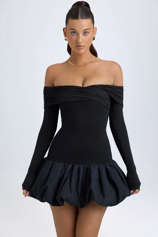 Linen mini dresses for a breathable summer option Modal Off-Shoulder Bubble Hem Mini Dress in Black Linen mini dresses for a breathable summer option Modal Off-Shoulder Bubble Hem Mini Dress in Black