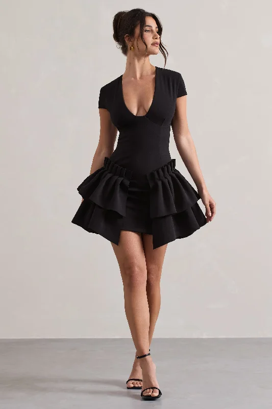 Mini dresses with belted waists for a defined silhouette Genevieve | Black Plunge-Neck Mini Dress With Layered Hem