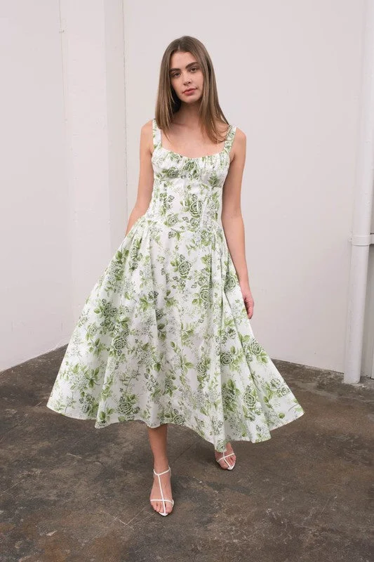 Midi dresses with pleated bodices for a classic and tailored look Maggie Sleeveless Corset Floral Print Midi Dress Green Midi dresses with pleated bodices for a classic and tailored look Maggie Sleeveless Corset Floral Print Midi Dress Green