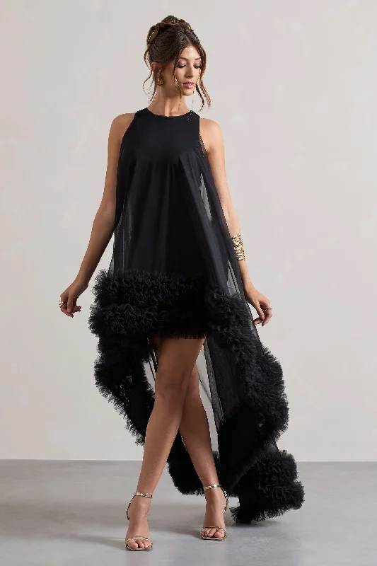 Mini dresses with tassel accents for a fun touch Lacie | Black Sleeveless Mini Dress With Tulle Overlay