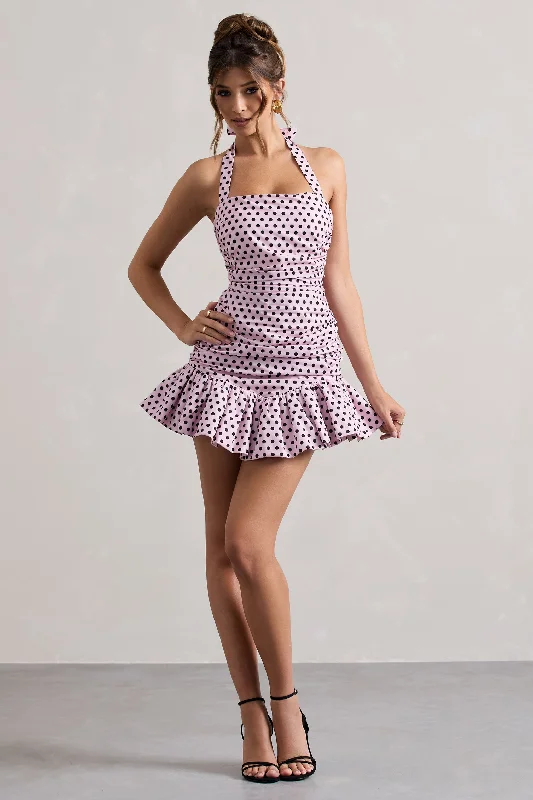 Strapless mini dresses for a beach vacation Zahra | Pink & Black Polka Dot Halter-Neck Ruched Mini Dress With Ruffle Hem Strapless mini dresses for a beach vacation Zahra | Pink & Black Polka Dot Halter-Neck Ruched Mini Dress With Ruffle Hem