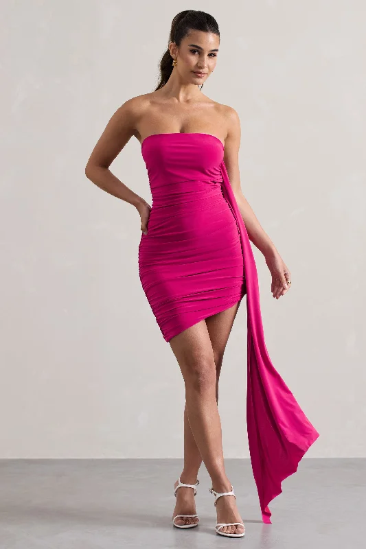 Mini dresses with one - shoulder designs Siena | Hot Pink Ruched Asymmetric Mini Dress With Sash Mini dresses with one - shoulder designs Siena | Hot Pink Ruched Asymmetric Mini Dress With Sash