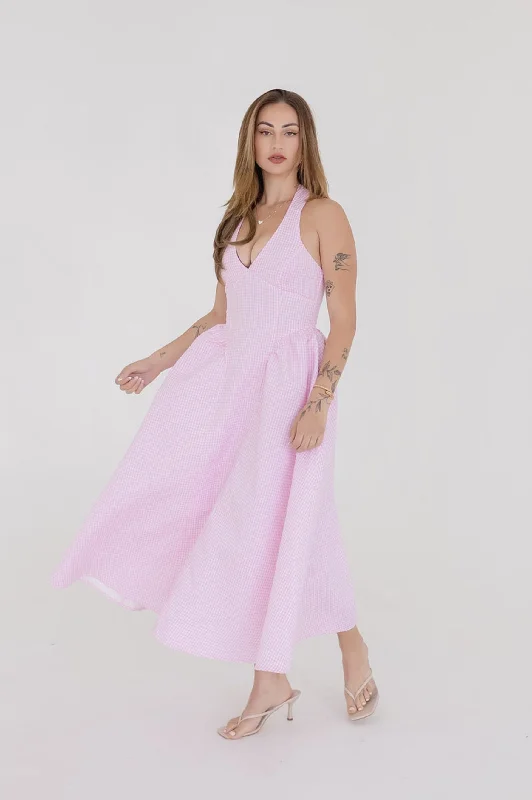 Midi dresses with metallic threads for a glamorous evening event Gigi Sleeveless Halter Gingham Print Midi Dress Pink Midi dresses with metallic threads for a glamorous evening event Gigi Sleeveless Halter Gingham Print Midi Dress Pink