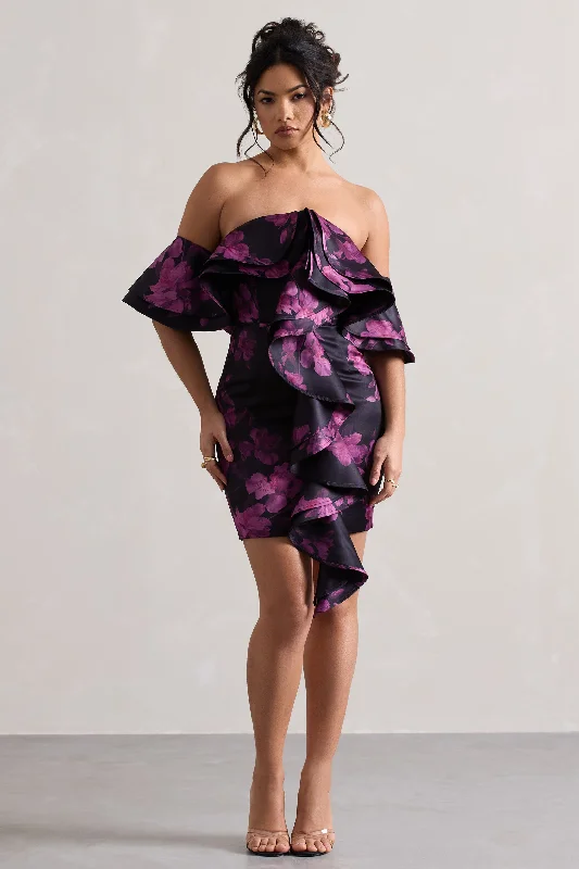 Satin mini dresses for a luxurious feel Aspen | Black Floral Print Bardot Mini Dress With Ruffles Satin mini dresses for a luxurious feel Aspen | Black Floral Print Bardot Mini Dress With Ruffles