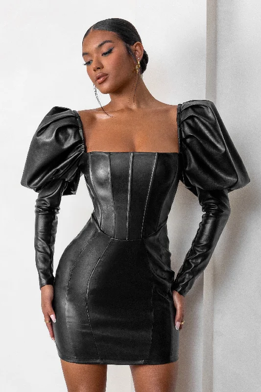 Denim mini dresses with distressed details Karyme | Black Faux Leather Puff Sleeve Mini Dress With Corset Detail Denim mini dresses with distressed details Karyme | Black Faux Leather Puff Sleeve Mini Dress With Corset Detail