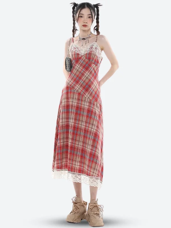 A - line midi dresses with floral prints for spring brunches Plaid Lace Midi Dress