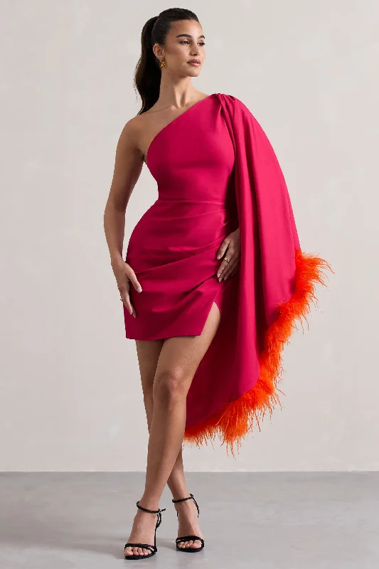 Polyester mini dresses for easy care Lyrika | Dark Pink Asymmetric Cape Sleeve Mini Dress With Feathers Polyester mini dresses for easy care Lyrika | Dark Pink Asymmetric Cape Sleeve Mini Dress With Feathers
