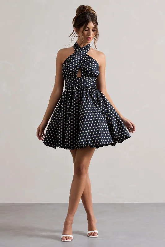 Animal print mini dresses for a bold statement Levie | Navy Polka Dot Halter-Neck Mini Dress