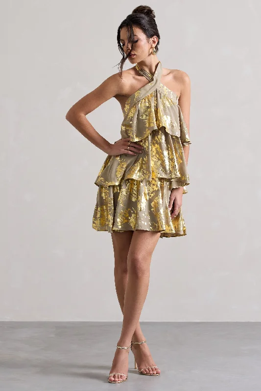 Sheer mini dresses with lace inserts Alecia | Metallic Gold Halter-Neck Ruffle Mini Dress