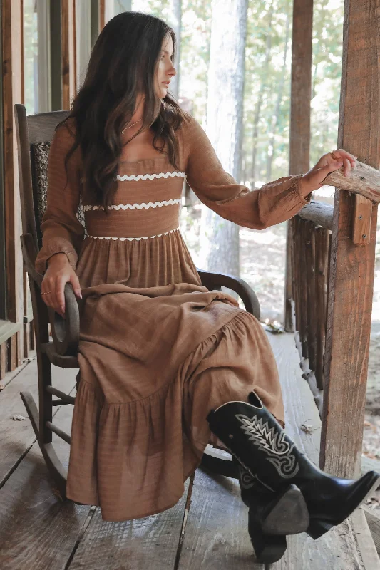 Midi dresses with puff sleeves for a vintage - inspired look A Little Park Picnic Long Sleeve Mocha Dress Midi dresses with puff sleeves for a vintage - inspired look A Little Park Picnic Long Sleeve Mocha Dress