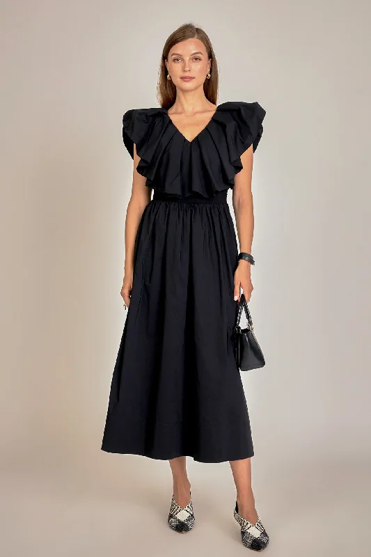Midi dresses with sheer panels for a touch of allure Mix Media Ruffled Sleeveless Dress Midi dresses with sheer panels for a touch of allure Mix Media Ruffled Sleeveless Dress