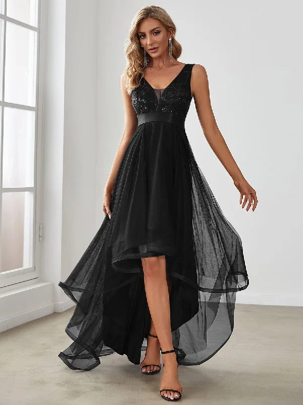 Velvet midi dresses in jewel tones for a glamorous winter event ever SASHIA|Fashion High-Low Deep V Neck Tulle Evening Dresses with Sequin Appliques Velvet midi dresses in jewel tones for a glamorous winter event ever SASHIA|Fashion High-Low Deep V Neck Tulle Evening Dresses with Sequin Appliques