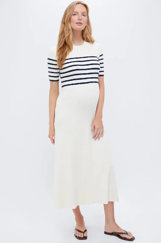 Midi dresses with lace - up fronts for a unique and adjustable style Ivory and Navy Stripe The Kaitlyn Dress Midi dresses with lace - up fronts for a unique and adjustable style Ivory and Navy Stripe The Kaitlyn Dress