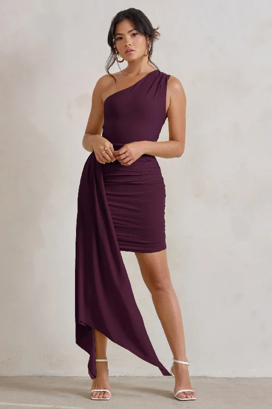 Mini dresses with button - down fronts Charlie | Plum One Shoulder Ruched Mini Dress With Statement Drape Mini dresses with button - down fronts Charlie | Plum One Shoulder Ruched Mini Dress With Statement Drape