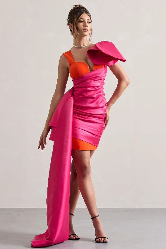 Mini dresses with button - down fronts Rare | Pink & Orange Satin Wrap Mini Dress Peplum Drape Mini dresses with button - down fronts Rare | Pink & Orange Satin Wrap Mini Dress Peplum Drape
