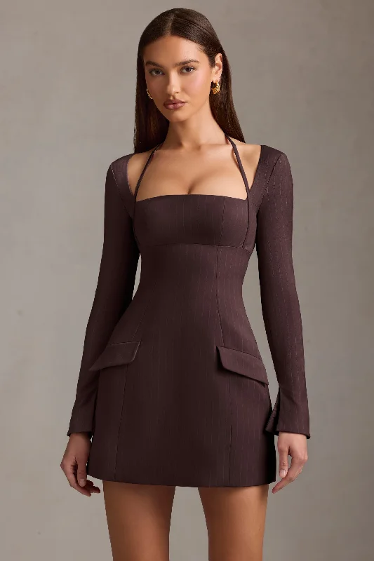 Mini dresses with pom - pom trims for a playful feel Pinstripe Structured A-Line Mini Dress in Chocolate Brown Mini dresses with pom - pom trims for a playful feel Pinstripe Structured A-Line Mini Dress in Chocolate Brown