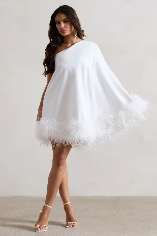 Plaid mini dresses for fall fashion Epiphany | White One Shoulder Cape Sleeve Mini Dress With Feathers Plaid mini dresses for fall fashion Epiphany | White One Shoulder Cape Sleeve Mini Dress With Feathers
