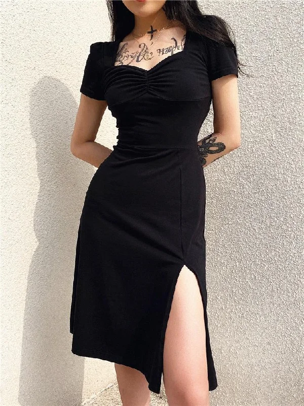 Midi dresses with metallic threads for a glamorous evening event Dark Academia Leg Split Midi Dress Midi dresses with metallic threads for a glamorous evening event Dark Academia Leg Split Midi Dress