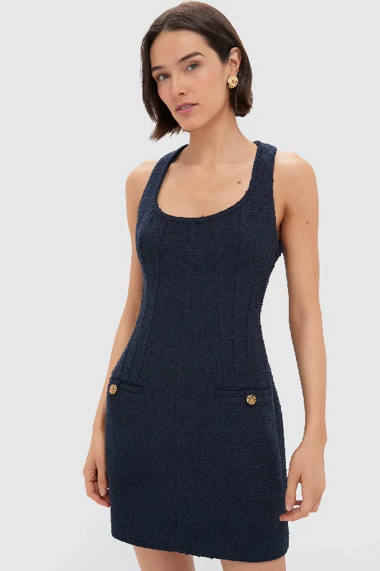 Midi dresses with ruffled bodices for a more pronounced feminine look Navy Tweed Britton Dress Midi dresses with ruffled bodices for a more pronounced feminine look Navy Tweed Britton Dress