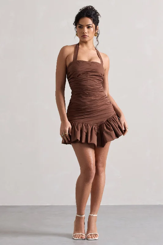 Mini dresses with side slits for a sexy appeal Zahra | Chocolate Brown Halter-Neck Ruched Mini Dress With Ruffle Hem Mini dresses with side slits for a sexy appeal Zahra | Chocolate Brown Halter-Neck Ruched Mini Dress With Ruffle Hem