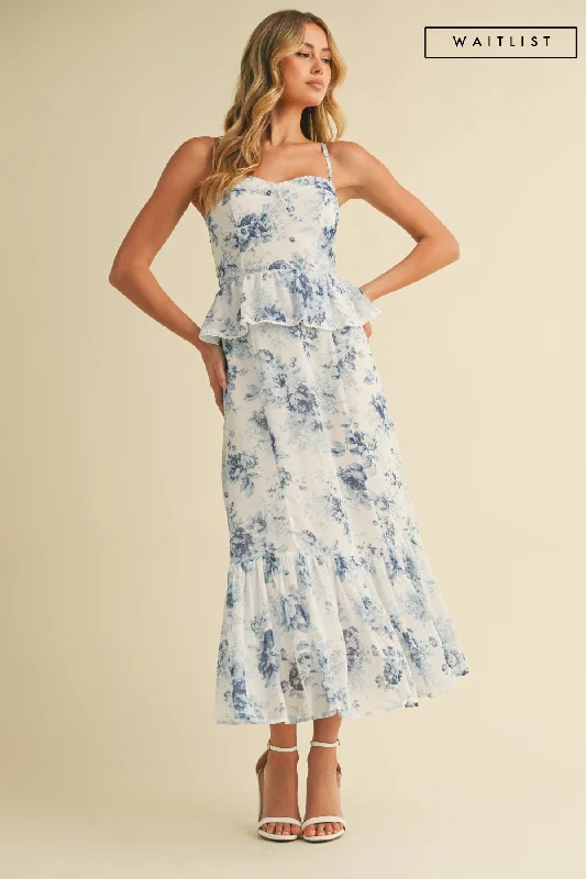 Midi dresses with one - shoulder designs for a modern and asymmetric style Waitlist 4/18 ♥ Hillary Sleeveless Ruffled Floral Print Peplum Midi Dress Blue Midi dresses with one - shoulder designs for a modern and asymmetric style Waitlist 4/18 ♥ Hillary Sleeveless Ruffled Floral Print Peplum Midi Dress Blue