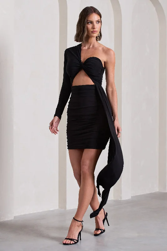 Leather mini dresses for a edgy style Cecelia | Black Ruched One-Sleeve Twist Mini Dress With Drape Leather mini dresses for a edgy style Cecelia | Black Ruched One-Sleeve Twist Mini Dress With Drape