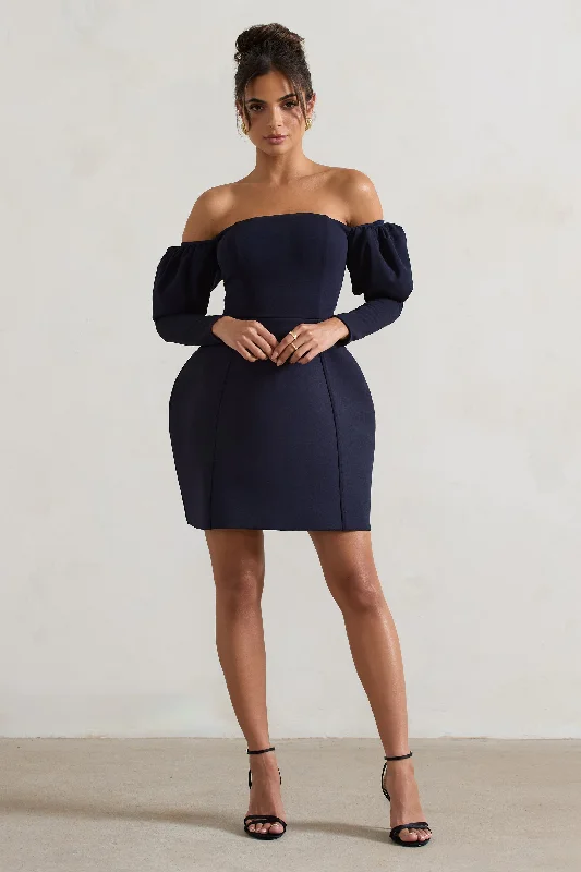 Floral print mini dresses for summer parties Evangeline | Navy Structured Bardot Puff-Sleeve Mini Dress