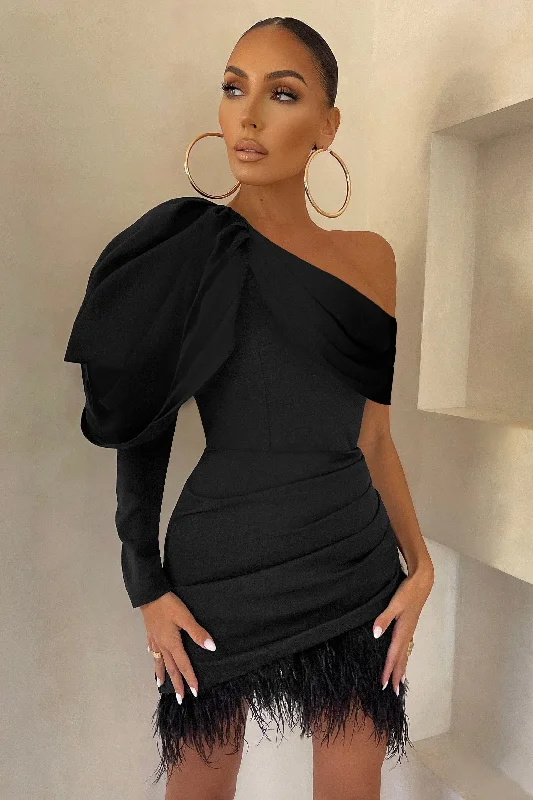 Mini dresses with keyhole necklines RSVP | Black Asymmetric Volume Sleeve Draped Feather Mini Dress Mini dresses with keyhole necklines RSVP | Black Asymmetric Volume Sleeve Draped Feather Mini Dress
