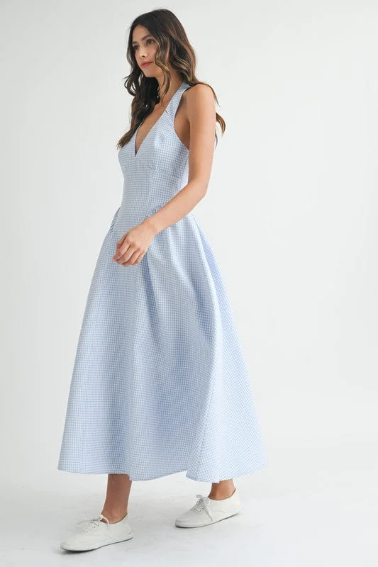 Midi dresses with cotton - blend materials for everyday comfort Gigi Sleeveless Halter Gingham Print Midi Dress Blue Midi dresses with cotton - blend materials for everyday comfort Gigi Sleeveless Halter Gingham Print Midi Dress Blue