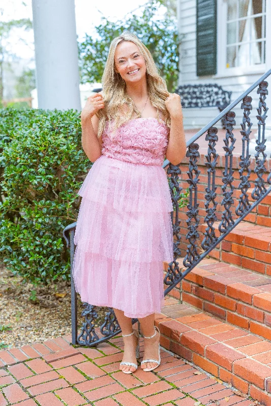 Midi dresses with empire waists for a flattering maternity option Rosette Detail Tiered Tulle Midi Wedding Guest Dress by She + Sky Midi dresses with empire waists for a flattering maternity option Rosette Detail Tiered Tulle Midi Wedding Guest Dress by She + Sky