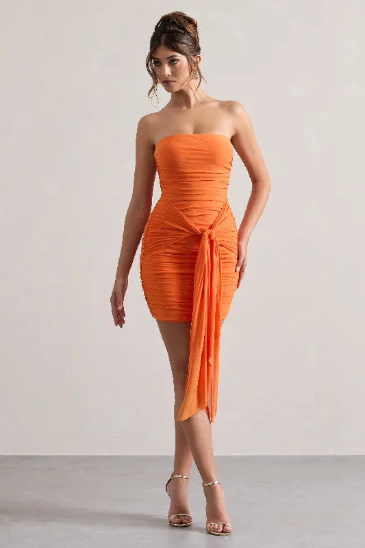 Mini dresses with tassel accents for a fun touch Jesse | Orange Ruched Mini Dress With Knot Detail