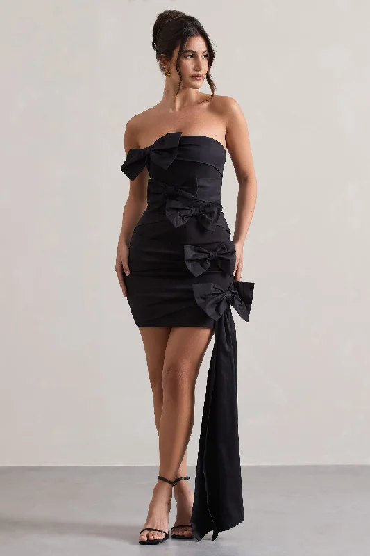 Cotton mini dresses for a comfortable everyday option Ornament | Black Bandeau Bow-Embellished Mini Dress With Drape