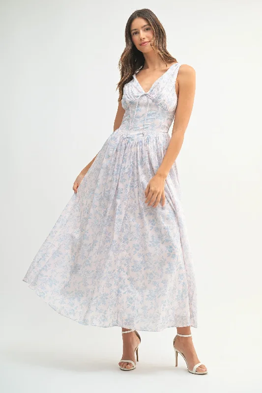 Midi dresses with tassel accents for a bohemian and free - spirited style Mariah Sleeveless Corset Floral Print Midi Dress Blue Midi dresses with tassel accents for a bohemian and free - spirited style Mariah Sleeveless Corset Floral Print Midi Dress Blue
