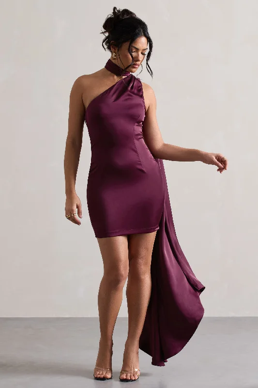 Mini dresses with wrap - around styles Natalie | Plum Satin One Shoulder Mini Dress With Scarf Detail Mini dresses with wrap - around styles Natalie | Plum Satin One Shoulder Mini Dress With Scarf Detail