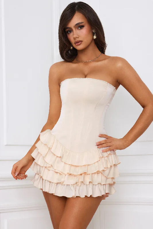 Mini dresses with button - down fronts Bandeau Ruffled Tiered Corset Mini Dress in Ivory Mini dresses with button - down fronts Bandeau Ruffled Tiered Corset Mini Dress in Ivory