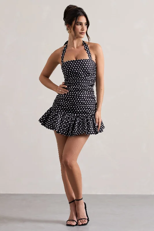 Mini dresses with belted waists for a defined silhouette Zahra | Black & White Polka Dot Halter-Neck Ruched Mini Dress With Ruffle Hem Mini dresses with belted waists for a defined silhouette Zahra | Black & White Polka Dot Halter-Neck Ruched Mini Dress With Ruffle Hem