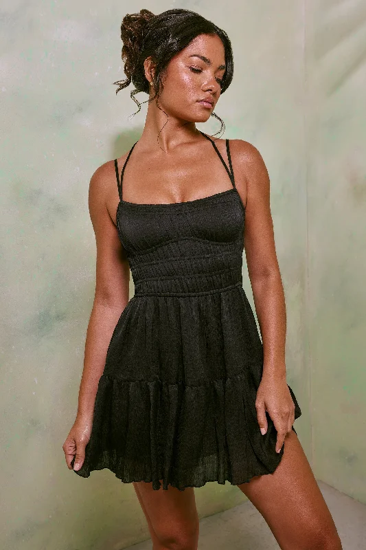 Strapless mini dresses for a beach vacation Shirred Bodice A-Line Mini Dress in Black