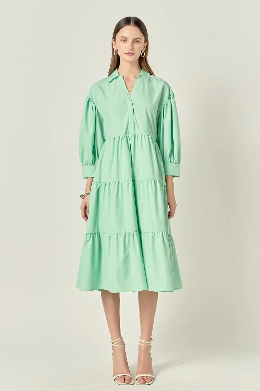 Midi dresses with ruffled hems for a romantic date night V-neckline Puff Sleeve Midi Dress Midi dresses with ruffled hems for a romantic date night V-neckline Puff Sleeve Midi Dress