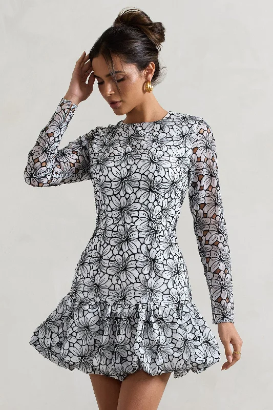 Mini dresses with embroidered details for a unique touch Claribel | Black & White Lace Long-Sleeve Mini Dress With Ruffle Hem