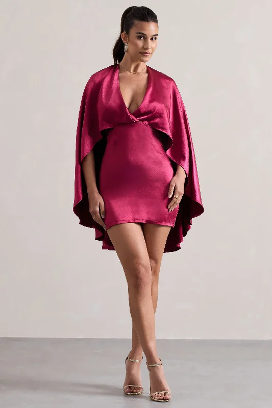 Cotton mini dresses for a comfortable everyday option Olsen | Raspberry Satin Plunge-Neck Cape Mini Dress Cotton mini dresses for a comfortable everyday option Olsen | Raspberry Satin Plunge-Neck Cape Mini Dress