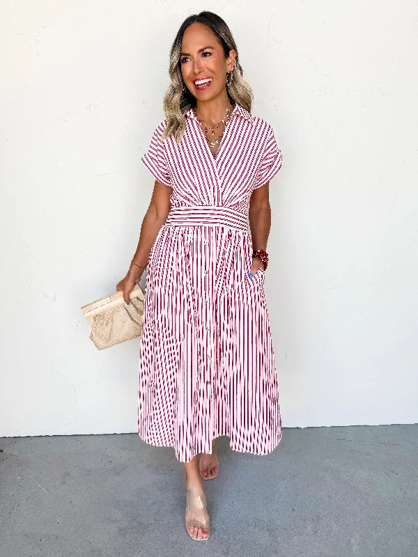 Midi dresses with ruffled bodices for a more pronounced feminine look Cherry Stripe Delight Midi Dress Midi dresses with ruffled bodices for a more pronounced feminine look Cherry Stripe Delight Midi Dress