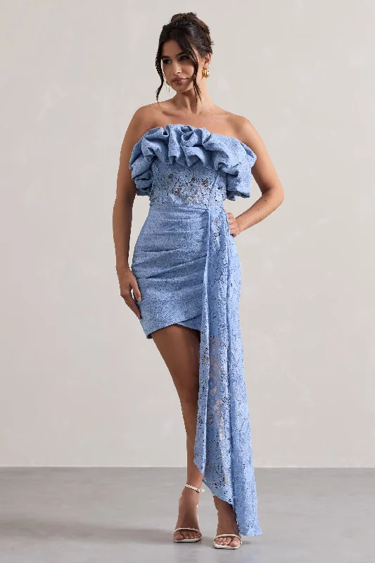 Mini dresses with tassel accents for a fun touch Neptune | Blue Lace Strapless Ruffled Mini Dress With Drape Mini dresses with tassel accents for a fun touch Neptune | Blue Lace Strapless Ruffled Mini Dress With Drape
