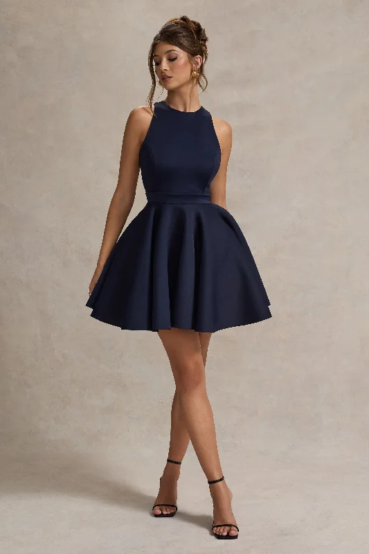 Mini dresses with abstract prints for an artistic look Waverly | Navy Racer-Neck Sleeveless Skater Mini Dress